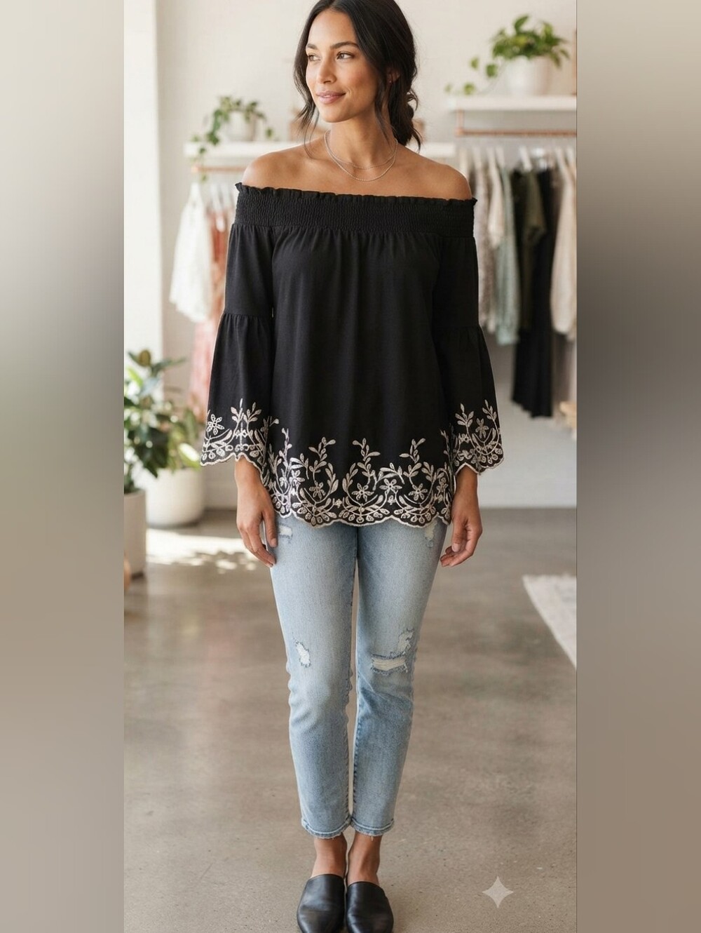 WHBM Embroidered Off the Shoulder Blouse Black Eyelet Bell Sleeve Small